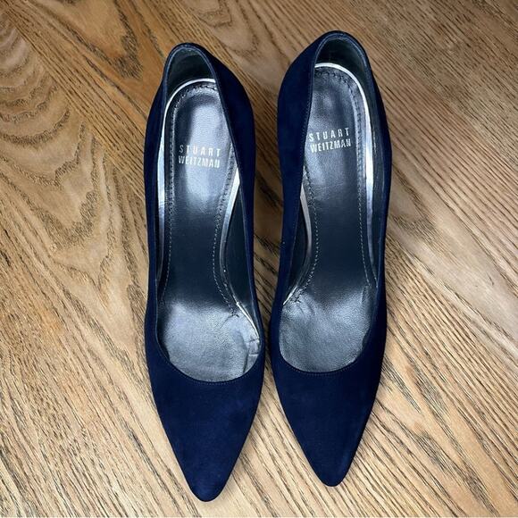 Stuart Weitzman Lucite Navy Suede Almond Toe Chunky Pumps Blue Heels Women’s 9 - Picture 6 of 11